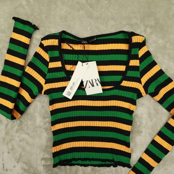 Zara Black Striped‎ Ribbed Knit Sweater Lettuce Trim Long Sleeve Top size Small - Picture 3 of 10